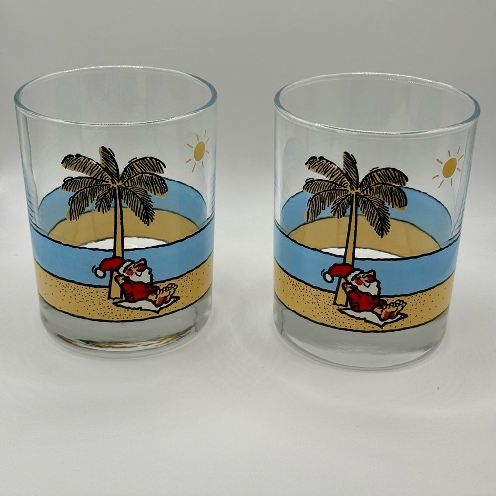 Santa On The Beach Whiskey Glasses Set Of Two Bar Drinkware Novelty Holiday
